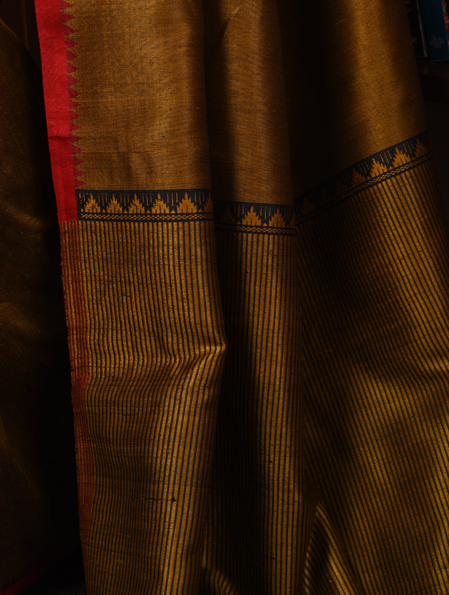 BADHTE KADAM KUMBHA Tussar Silk Saree - Black Gold - Vriksh Designs