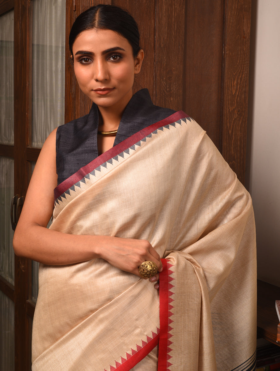 KUMBHA Kalingavastra Handwoven Tussar Silk Saree - Natural Beige