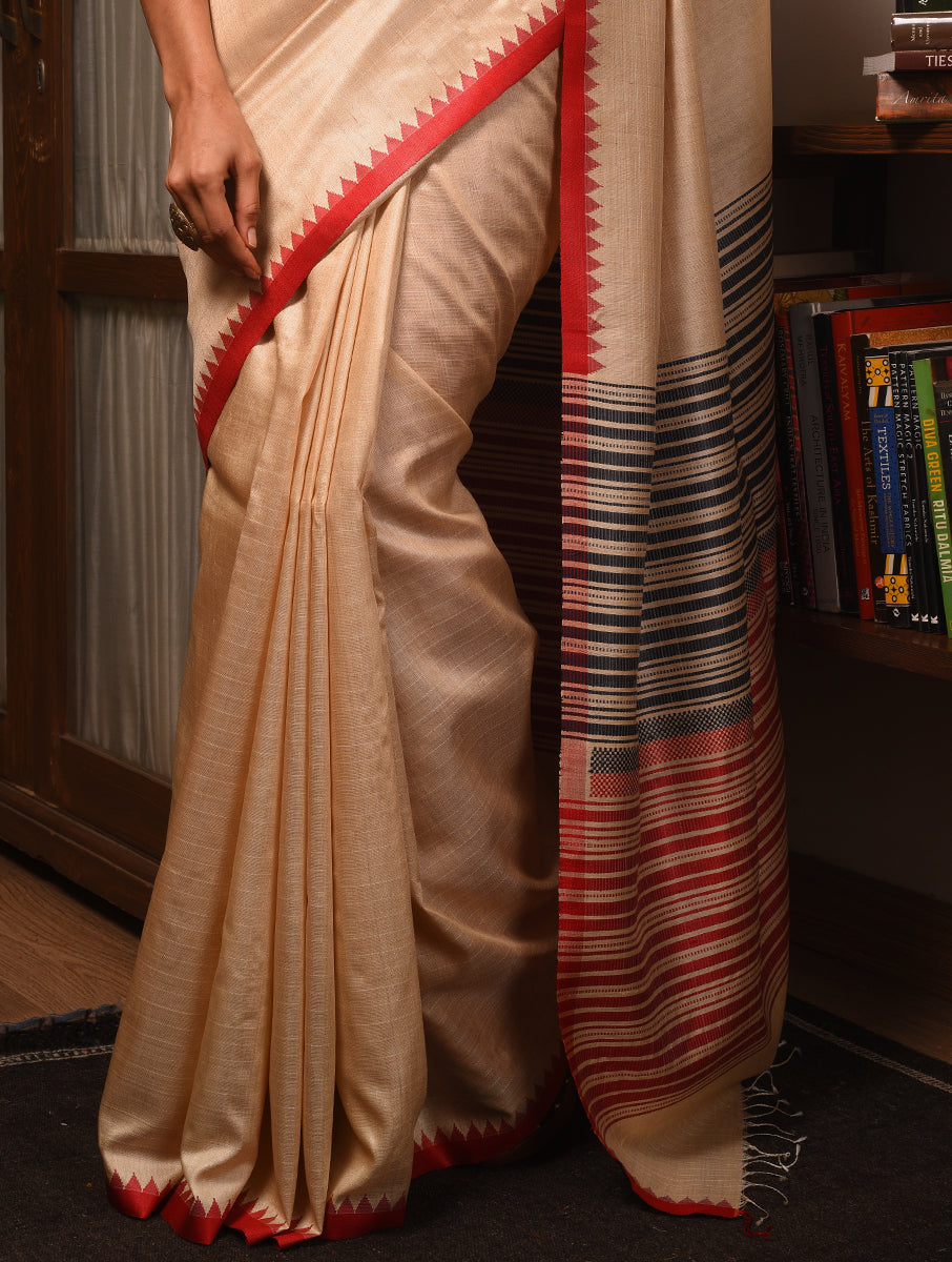 KUMBHA Kalingavastra Handwoven Tussar Silk Saree - Natural Beige