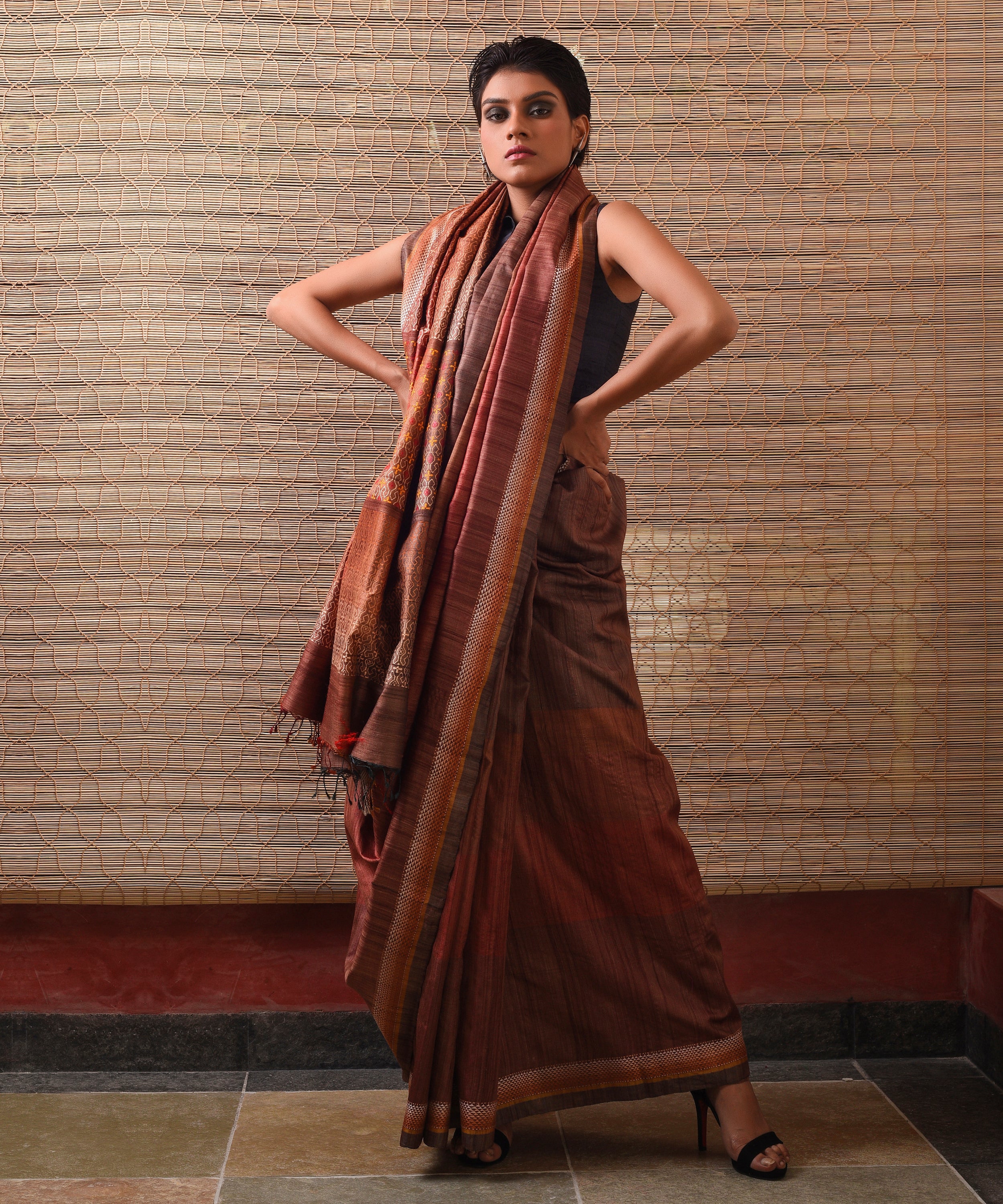 TRI RATNA Handwoven Tussar Silk Saree - Pecan Brown - Vriksh Designs