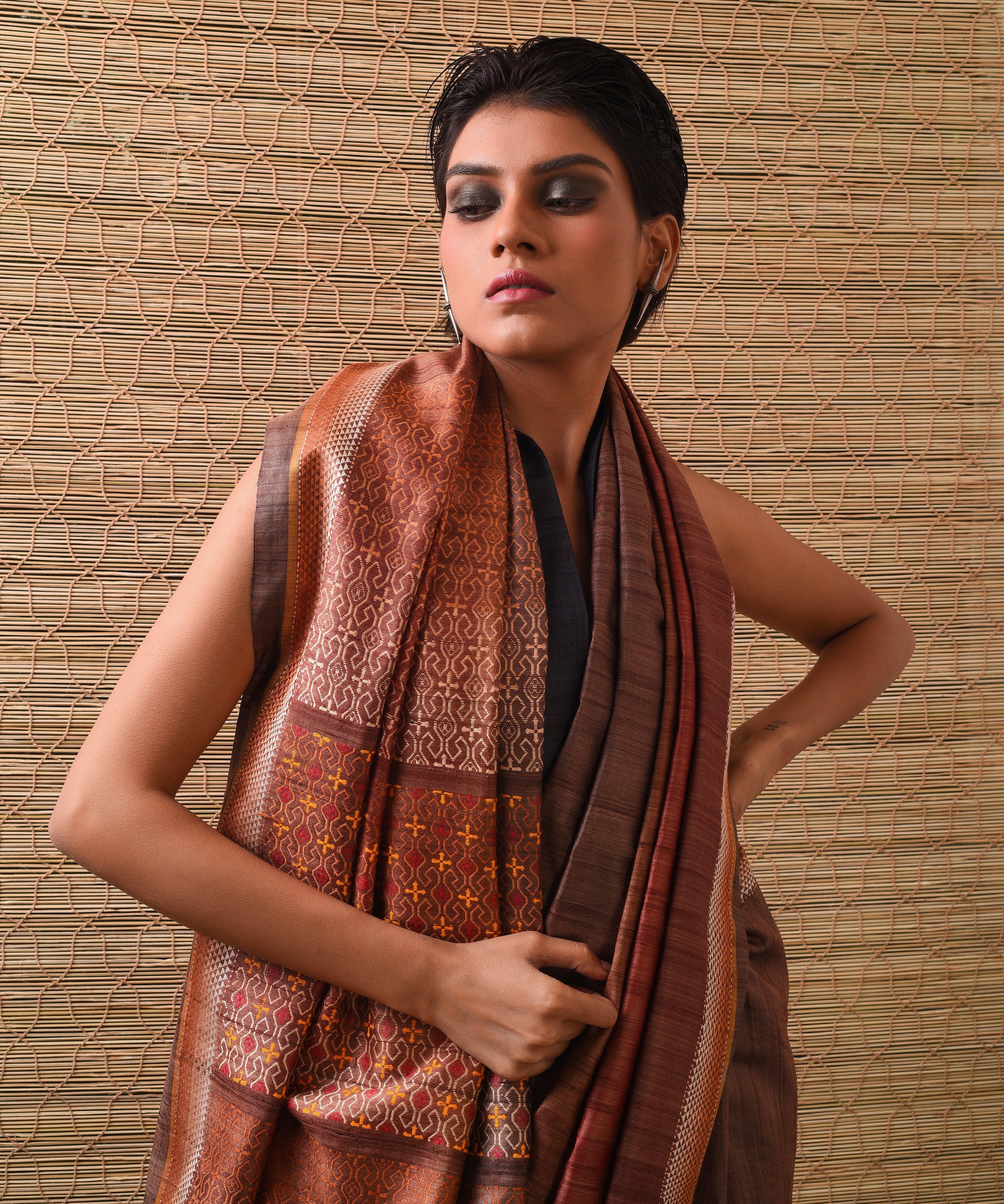TRI RATNA Handwoven Tussar Silk Saree - Pecan Brown - Vriksh Designs