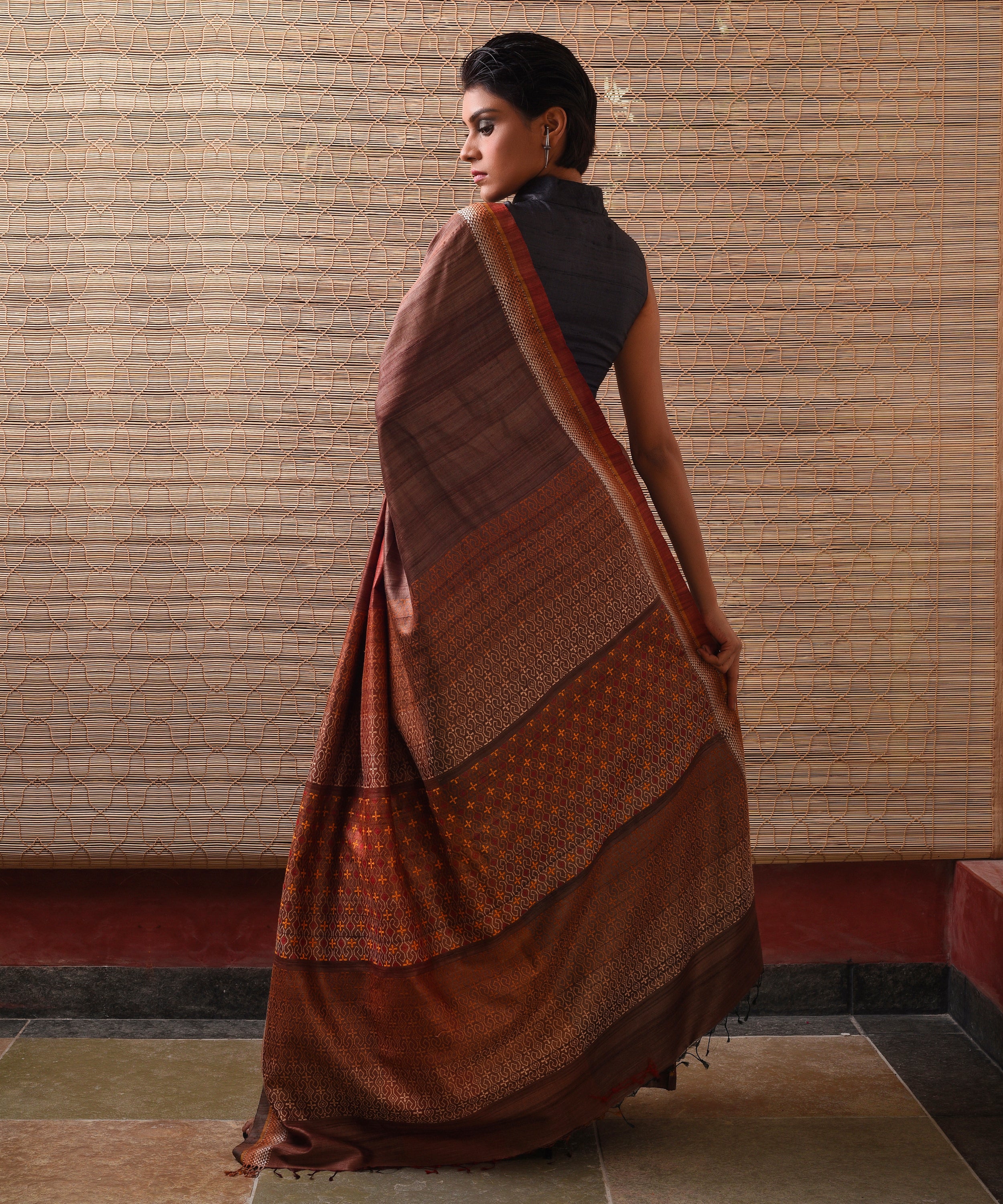 TRI RATNA Handwoven Tussar Silk Saree - Pecan Brown - Vriksh Designs