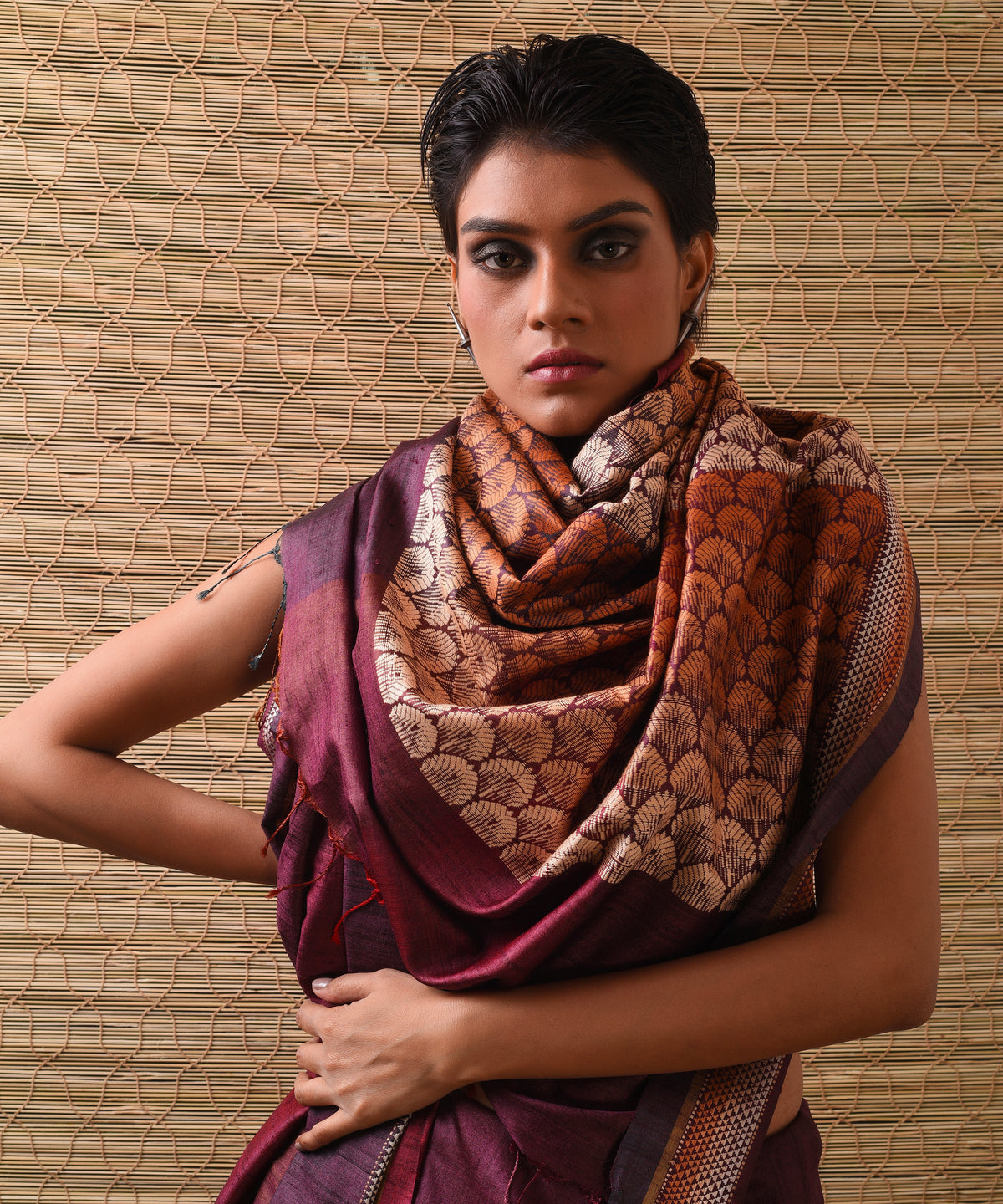 JHOTI Handwoven Tussar Silk Saree- Aubergine - Vriksh Designs