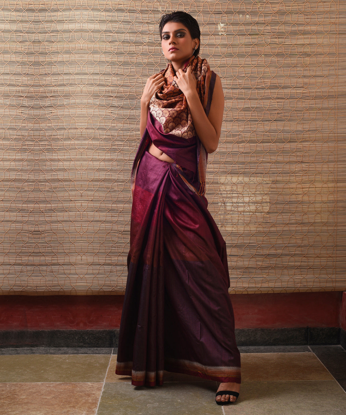 JHOTI Handwoven Tussar Silk Saree- Aubergine - Vriksh Designs