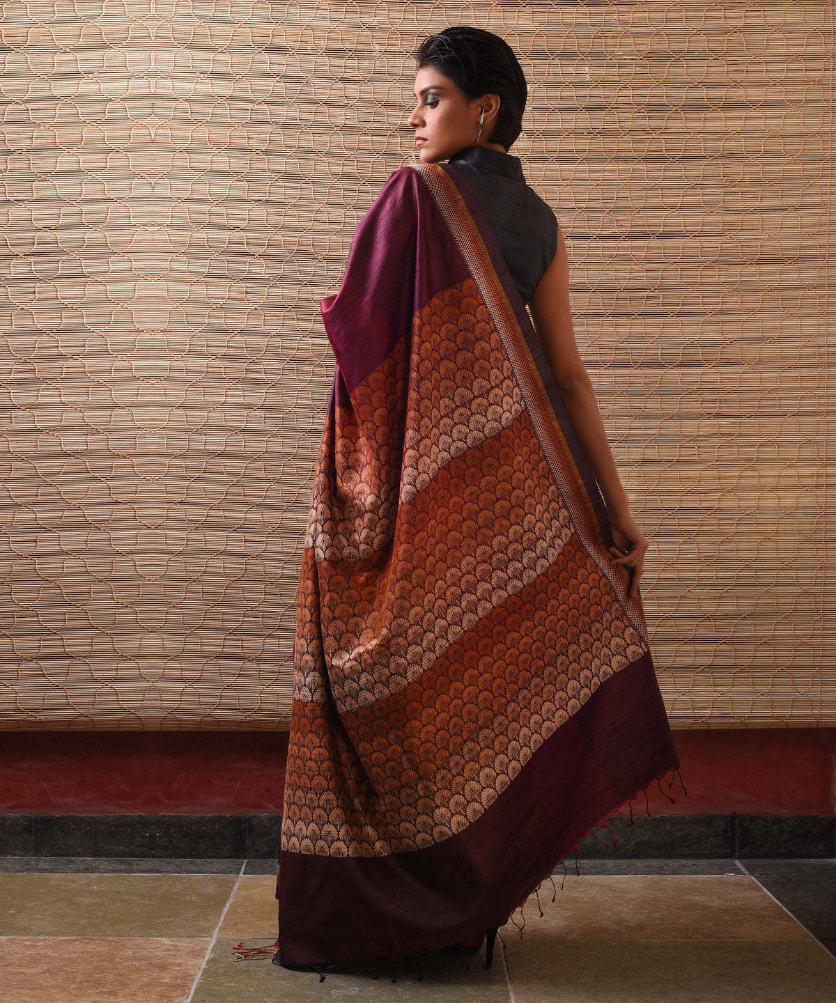 JHOTI Handwoven Tussar Silk Saree- Aubergine - Vriksh Designs