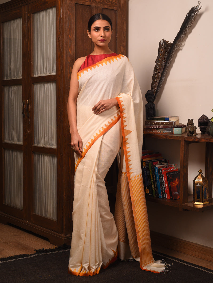 DESI KUMBHA Tussar/Cotton Handwoven Saree - Ivory Yellow - Vriksh Designs