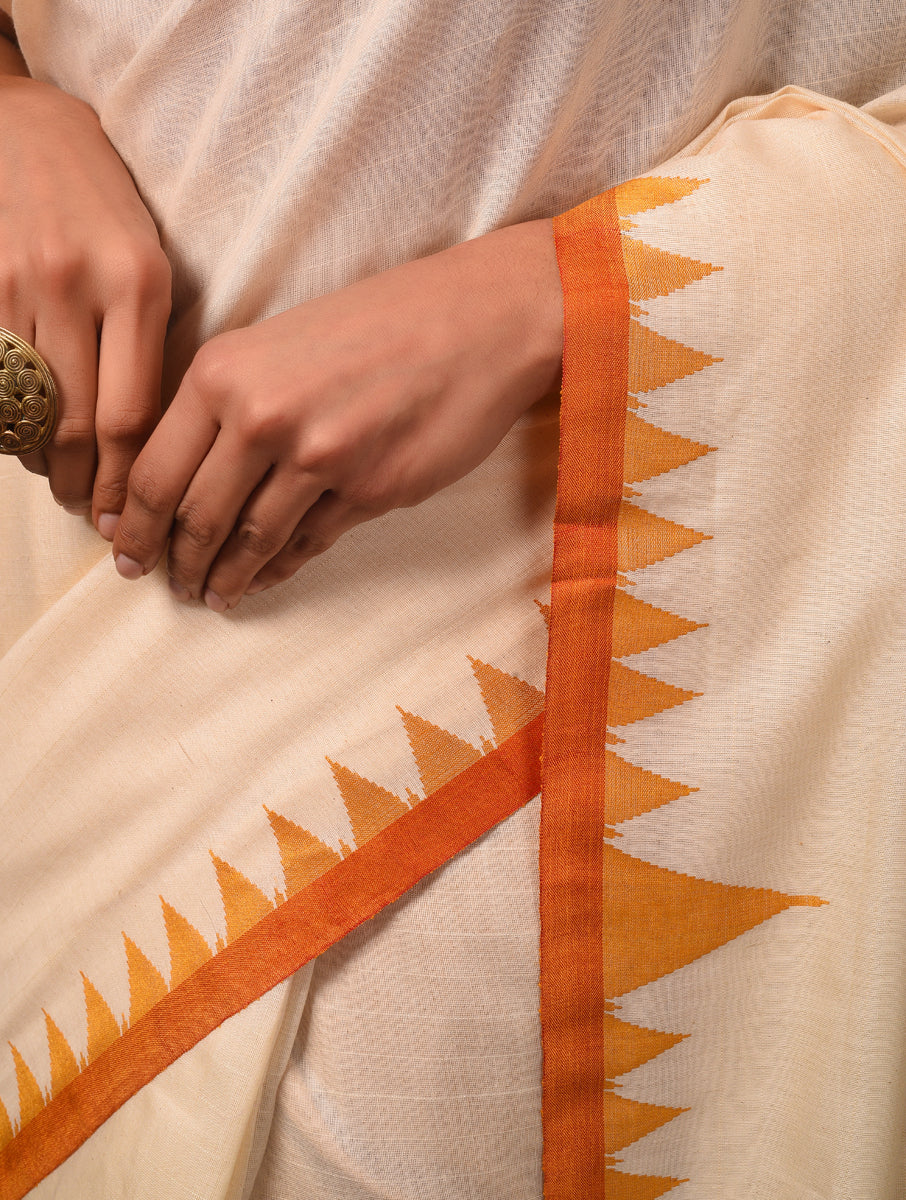 DESI KUMBHA Tussar/Cotton Handwoven Saree - Ivory Yellow - Vriksh Designs