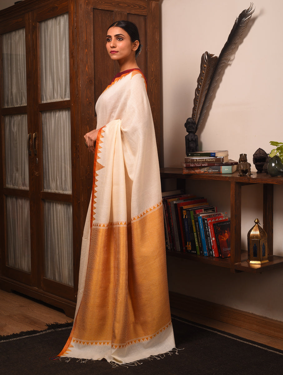 DESI KUMBHA Tussar/Cotton Handwoven Saree - Ivory Yellow