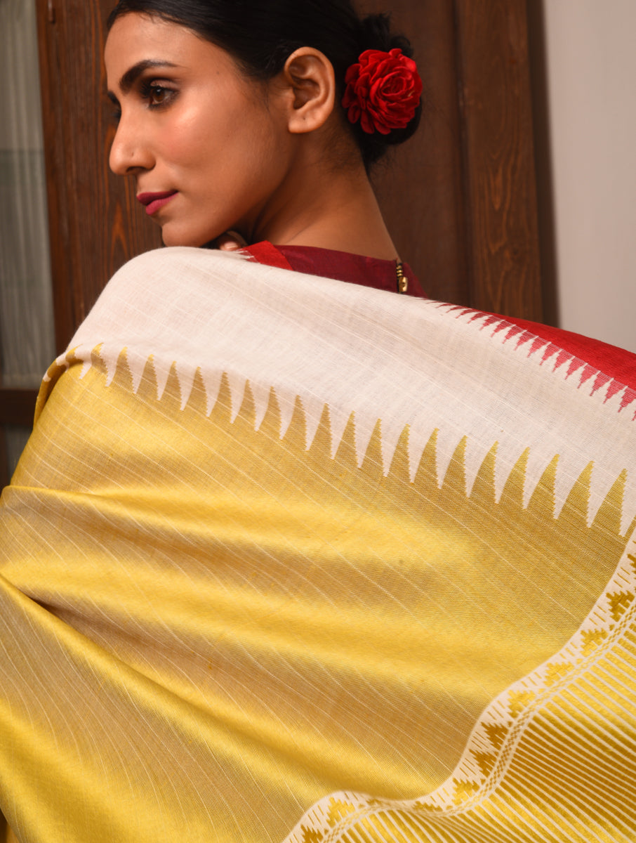 BADHTE KADAM KUMBHA Tussar Cotton Saree - White Gold - Vriksh Designs