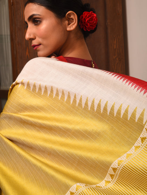 BADHTE KADAM KUMBHA Tussar Cotton Saree - White Gold - Vriksh Designs