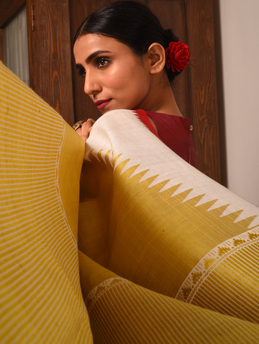 BADHTE KADAM KUMBHA Tussar Cotton Saree - White Gold - Vriksh Designs