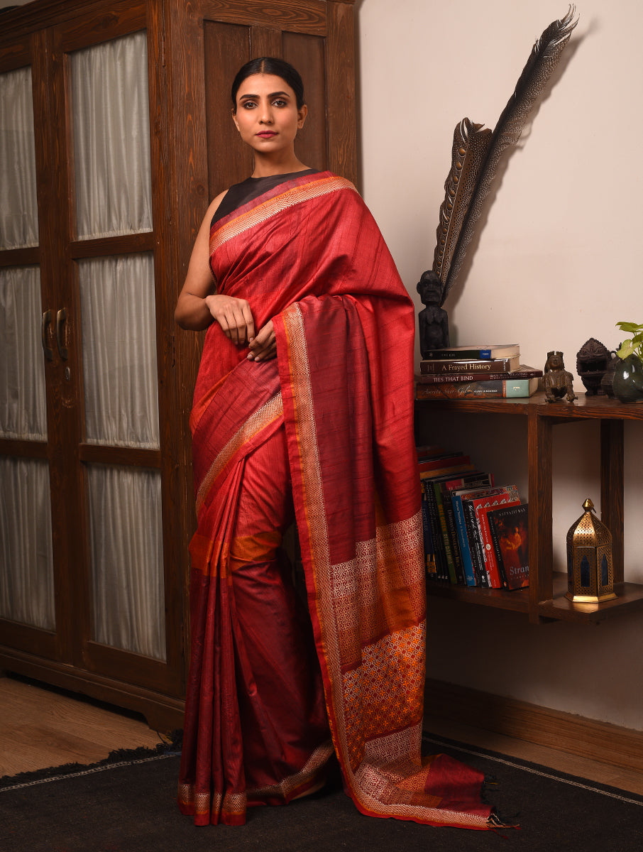 TRI RATNA Handwoven Tussar Silk Saree - Crimson Red - Vriksh Designs