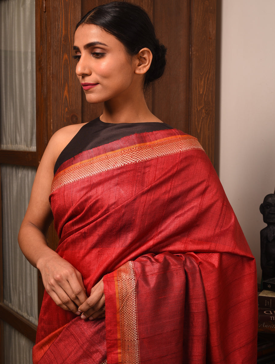 TRI RATNA Handwoven Tussar Silk Saree - Crimson Red - Vriksh Designs