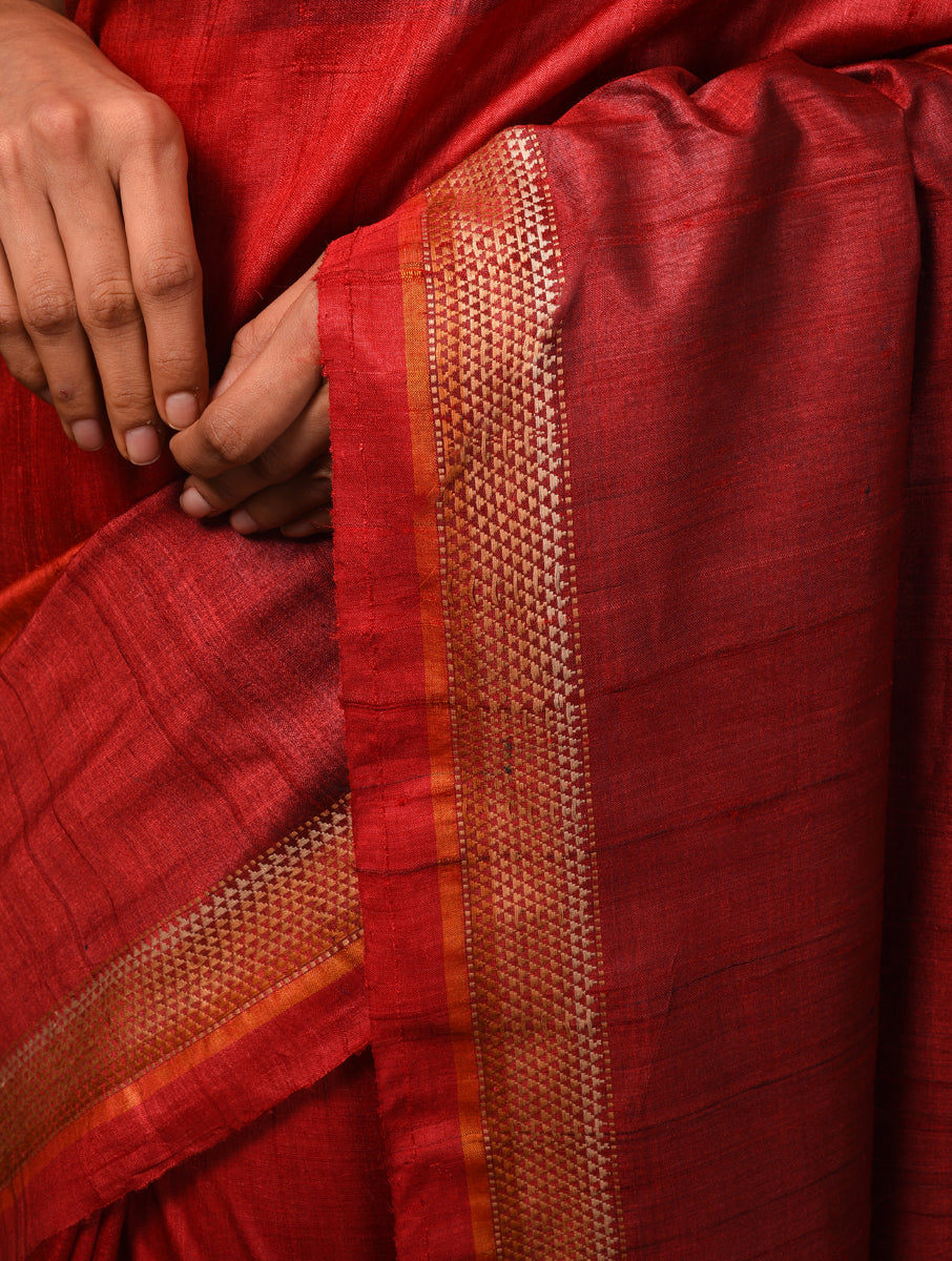 TRI RATNA Handwoven Tussar Silk Saree - Crimson Red - Vriksh Designs