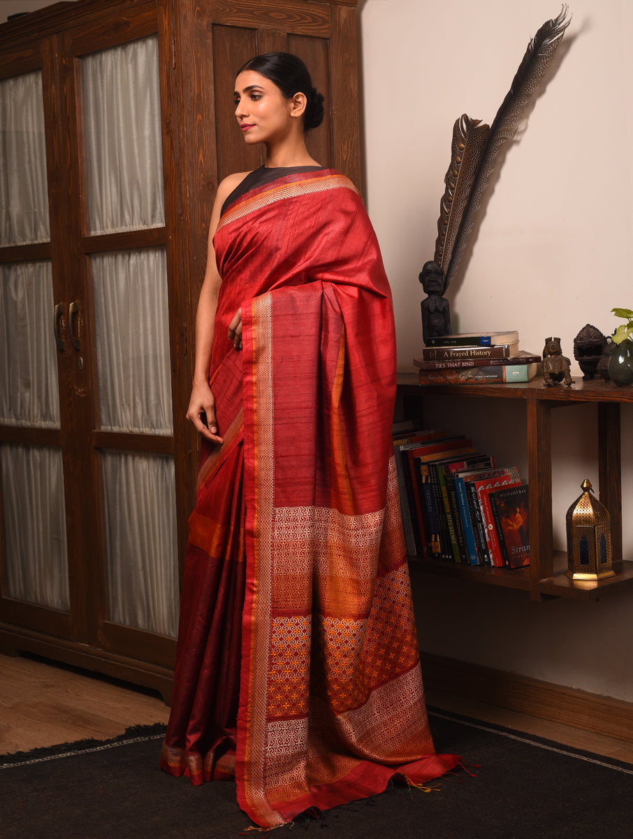 TRI RATNA Handwoven Tussar Silk Saree - Crimson Red - Vriksh Designs