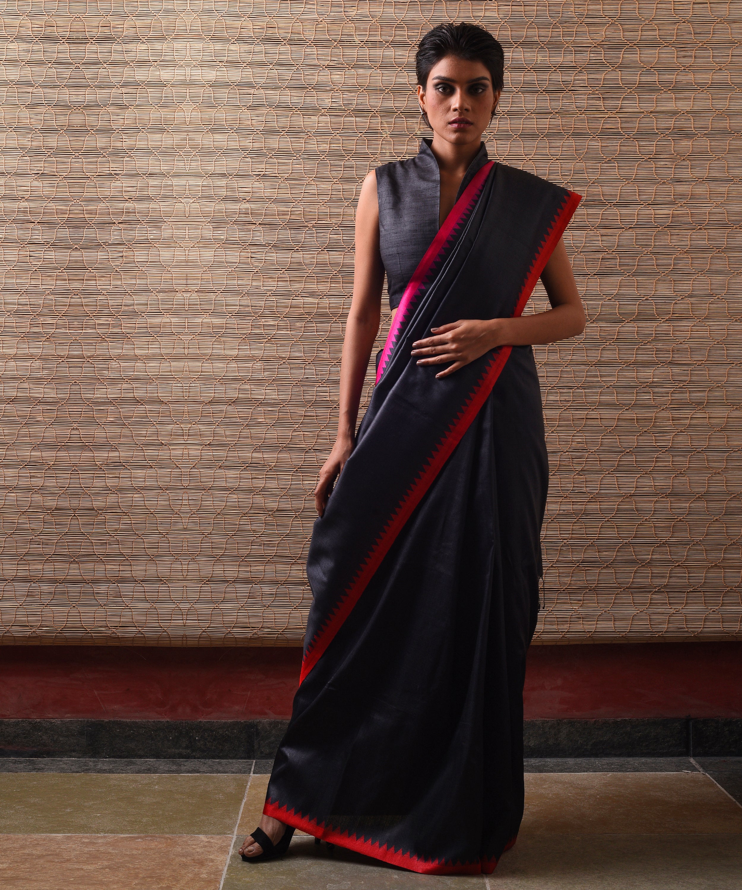 KUMBHA Kalingavastra Handwoven Tussar Silk Saree - Black - Vriksh Designs