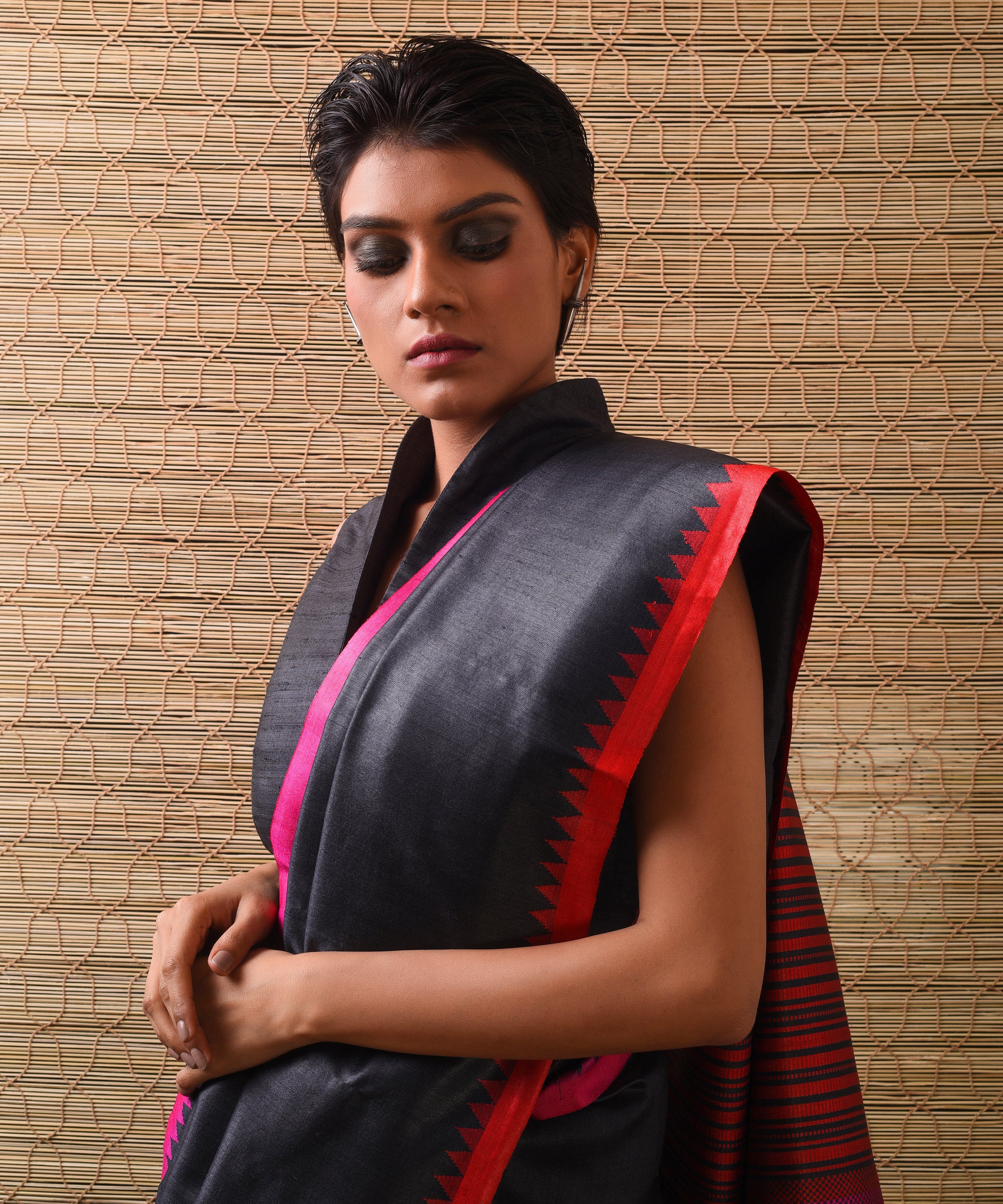 KUMBHA Kalingavastra Handwoven Tussar Silk Saree - Black - Vriksh Designs