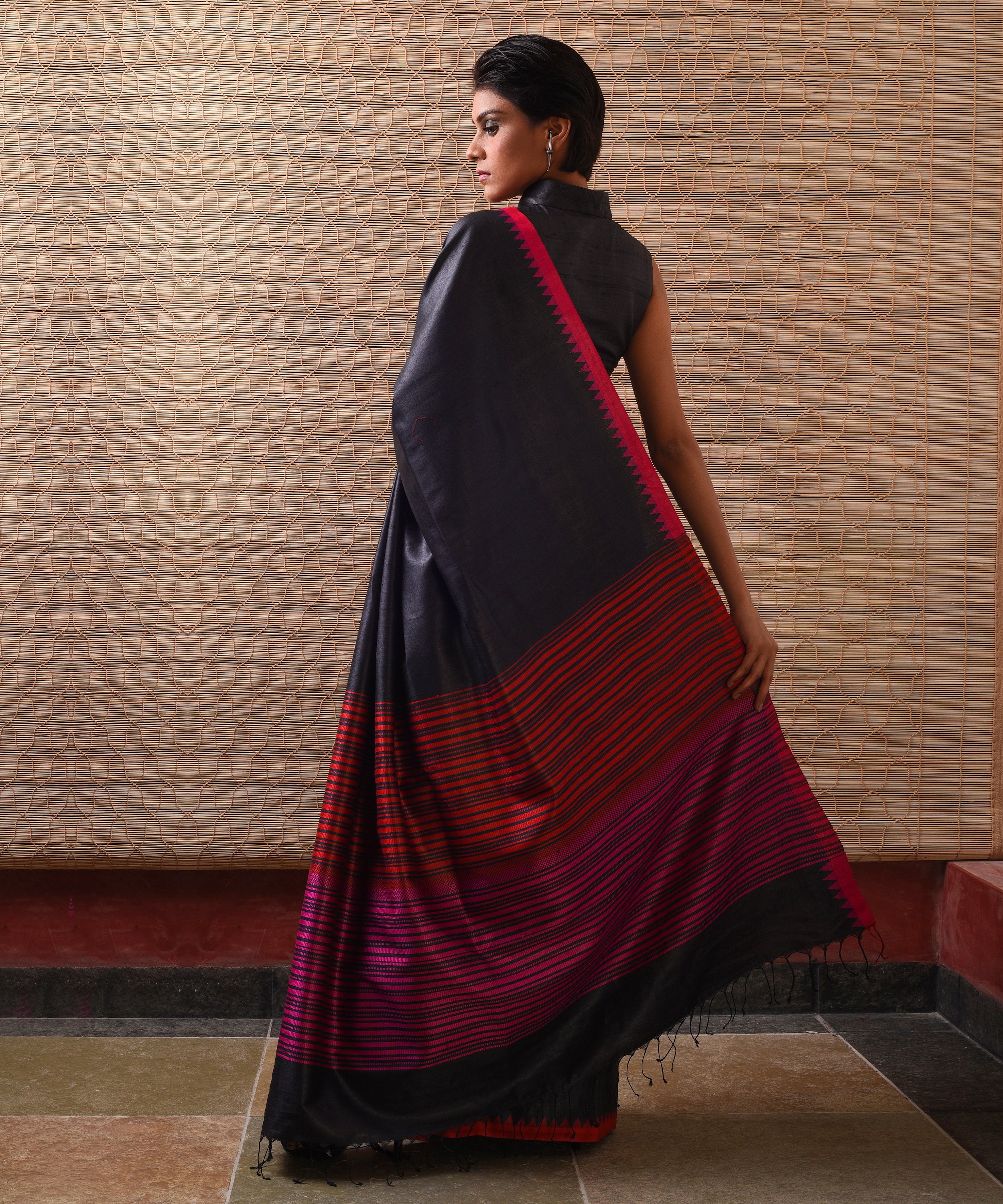 KUMBHA Kalingavastra Handwoven Tussar Silk Saree - Black - Vriksh Designs