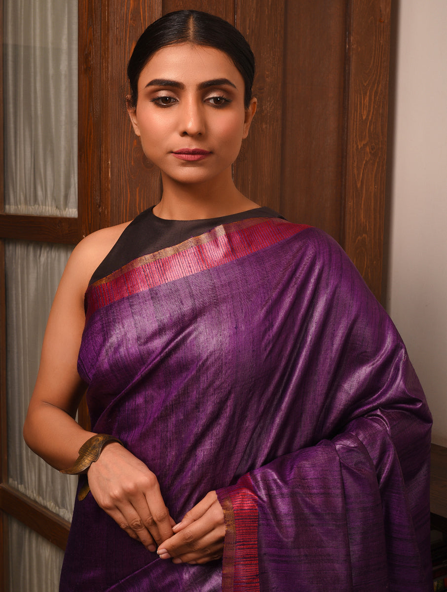 DHAAN Handwoven Tussar Silk Saree - Plum - Vriksh Designs