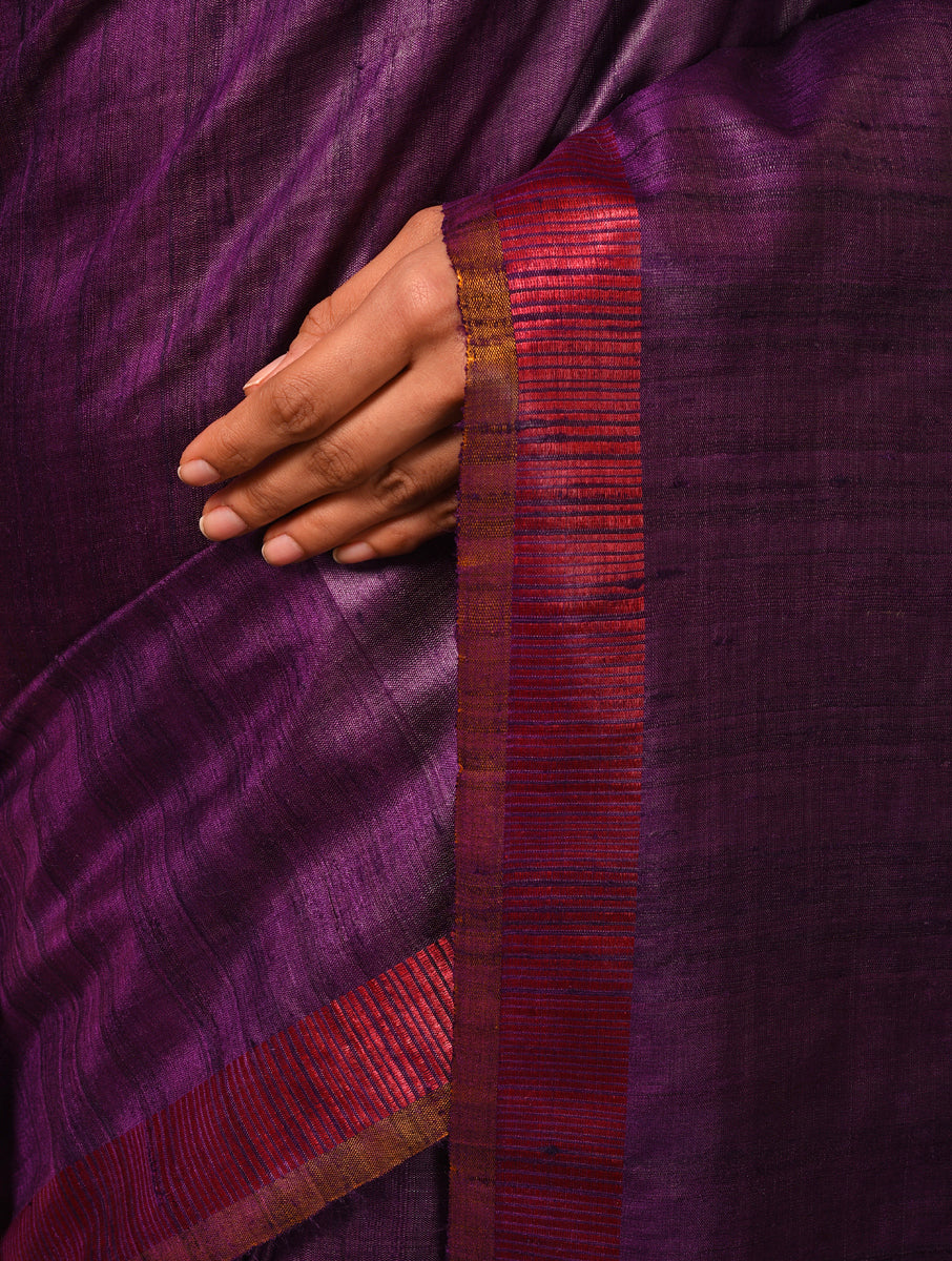 DHAAN Handwoven Tussar Silk Saree - Plum - Vriksh Designs