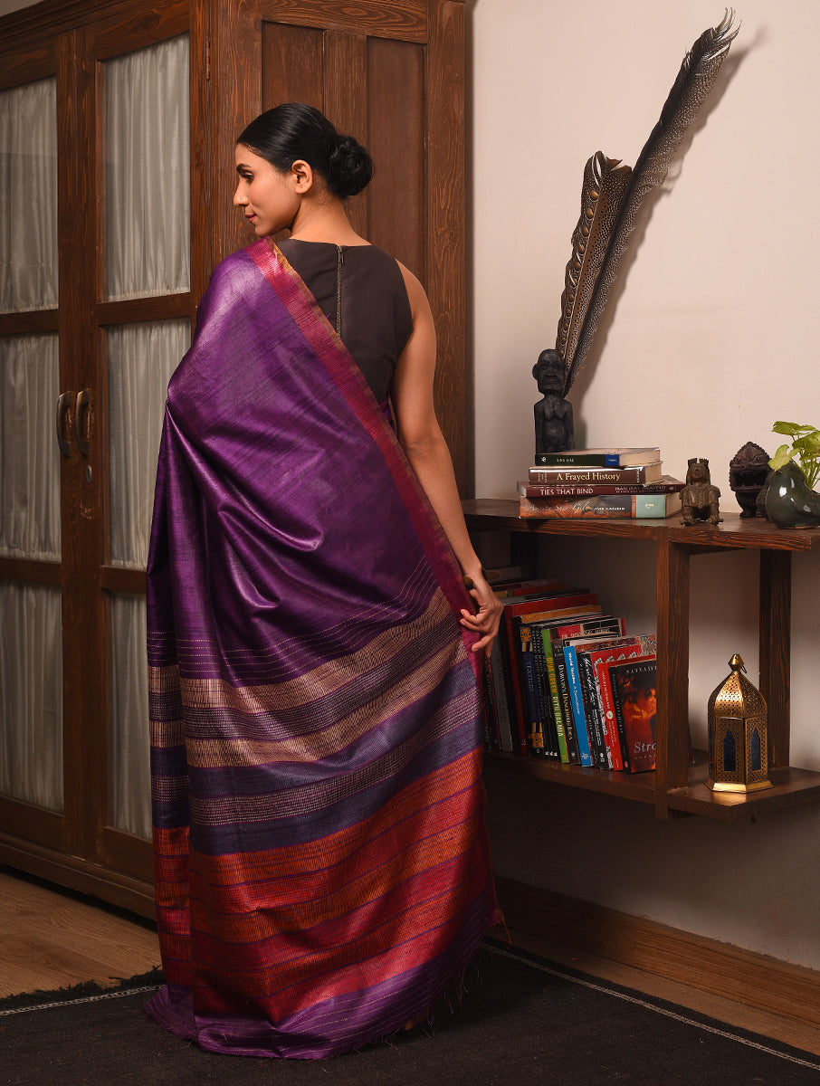 DHAAN Handwoven Tussar Silk Saree - Plum - Vriksh Designs