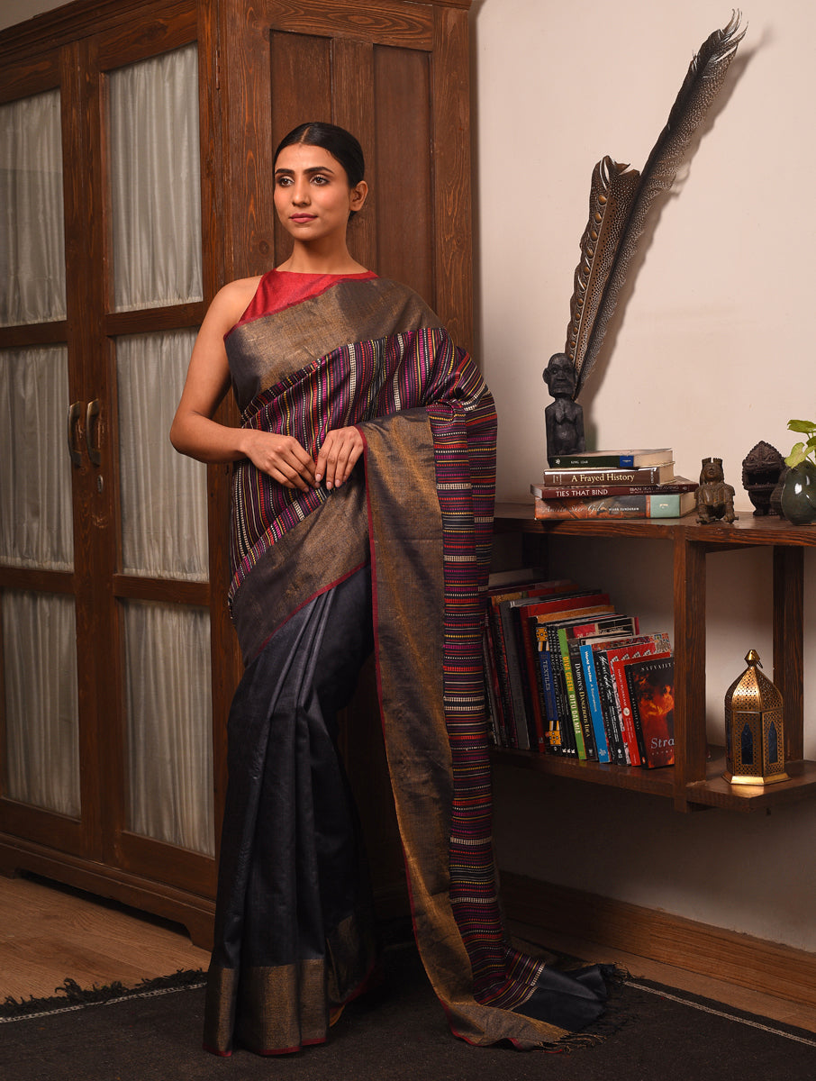 BEEJ Long Pallu Handwoven Tussar Silk Saree - Charcoal - Vriksh Designs