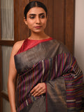 BEEJ Long Pallu Handwoven Tussar Silk Saree - Charcoal - Vriksh Designs