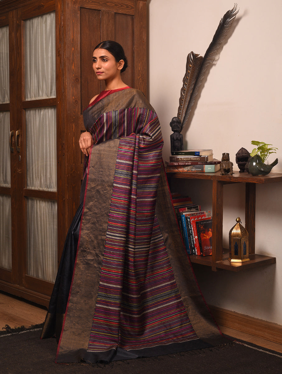 BEEJ Long Pallu Handwoven Tussar Silk Saree - Charcoal - Vriksh Designs