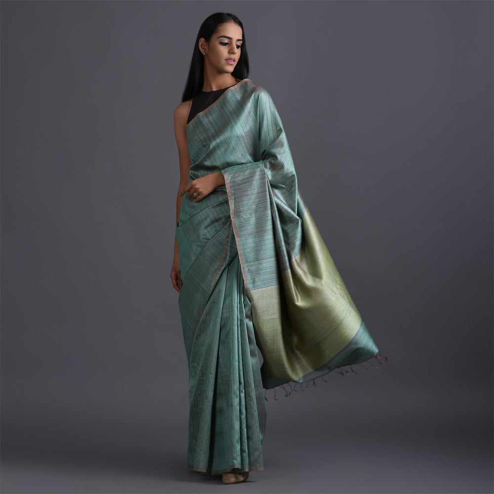 Zari Stripe Handwoven Tussar Silk Saree - Morning Green