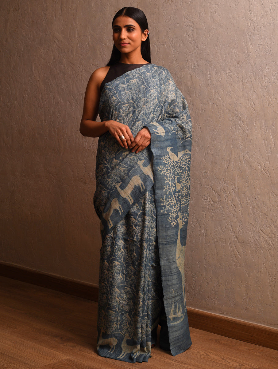 DABU TREE OF LIFE Tussar Silk Saree - Old Indigo Blue - Vriksh Designs