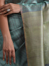 Zari Stripe Handwoven Tussar Silk Saree - Morning Green