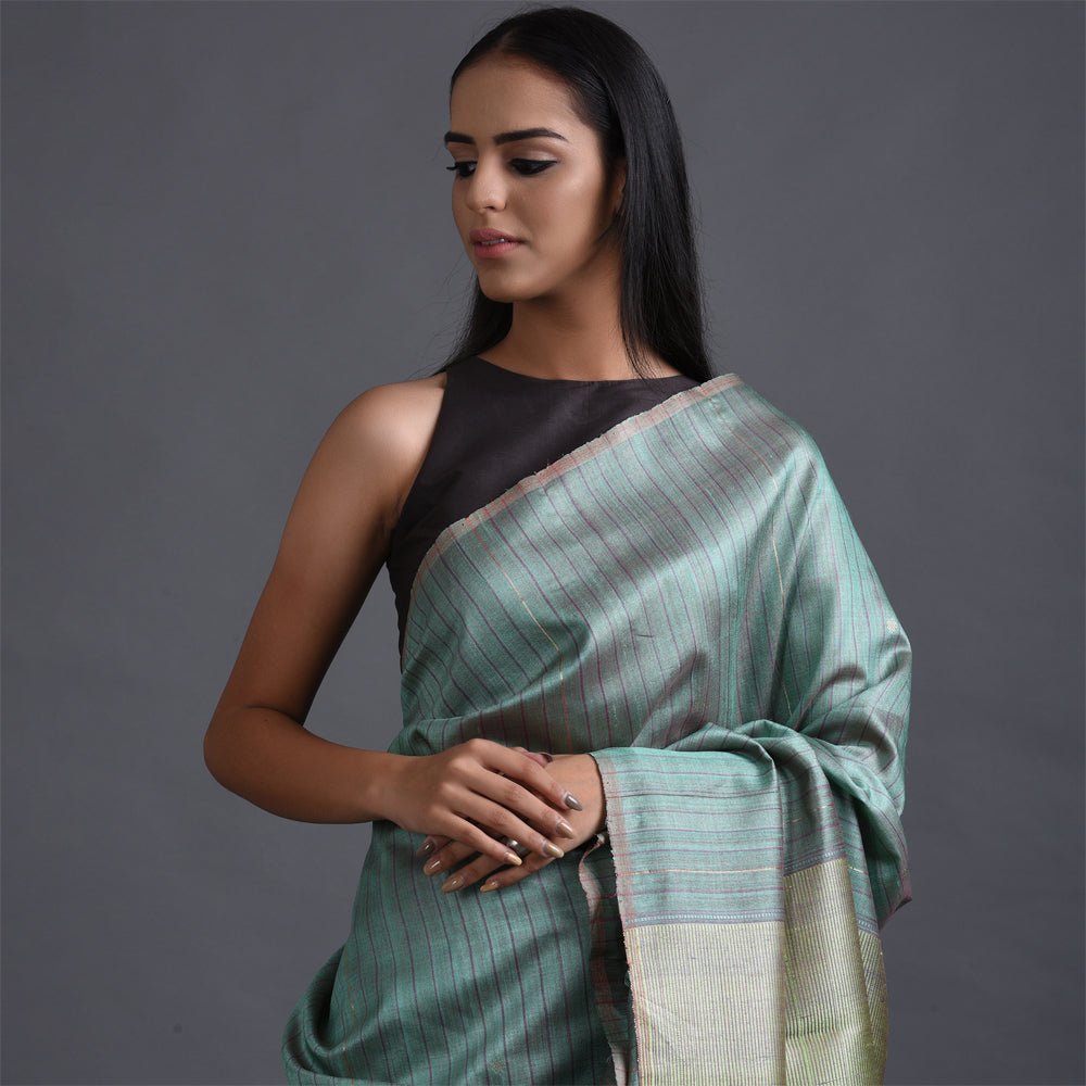 Zari Stripe Handwoven Tussar Silk Saree - Morning Green
