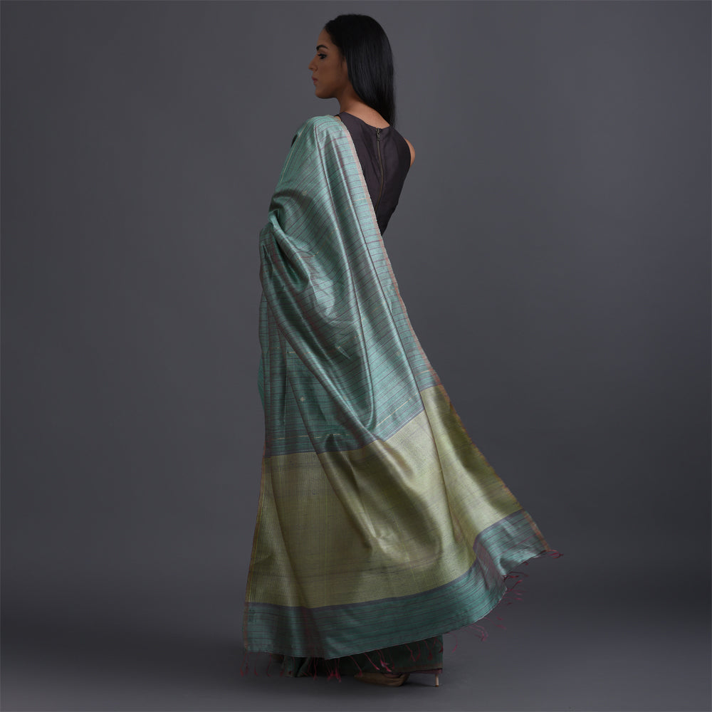 Zari Stripe Handwoven Tussar Silk Saree - Morning Green