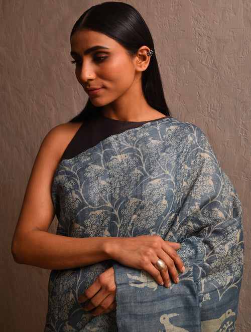 DABU TREE OF LIFE Tussar Silk Saree - Old Indigo Blue - Vriksh Designs