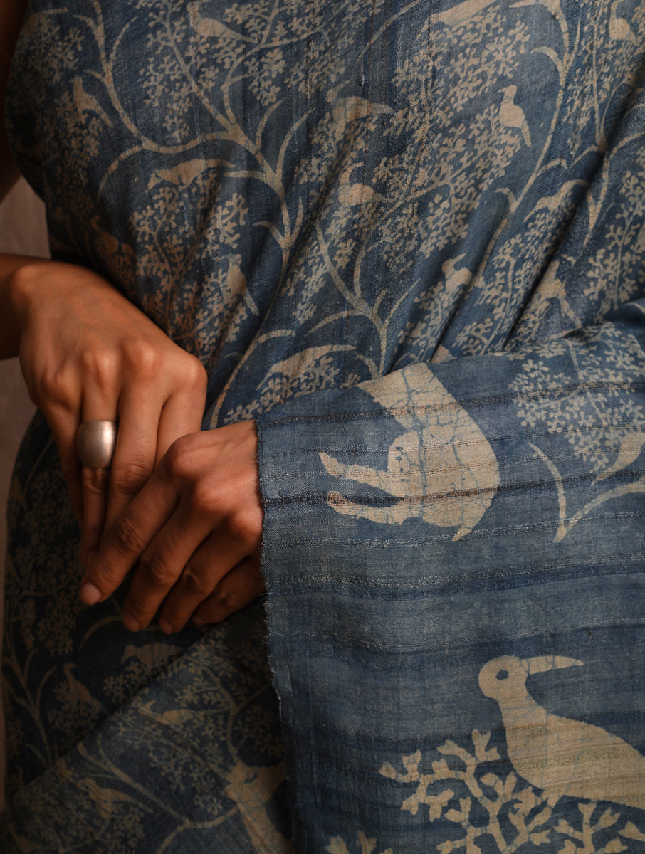 DABU TREE OF LIFE Tussar Silk Saree - Old Indigo Blue - Vriksh Designs