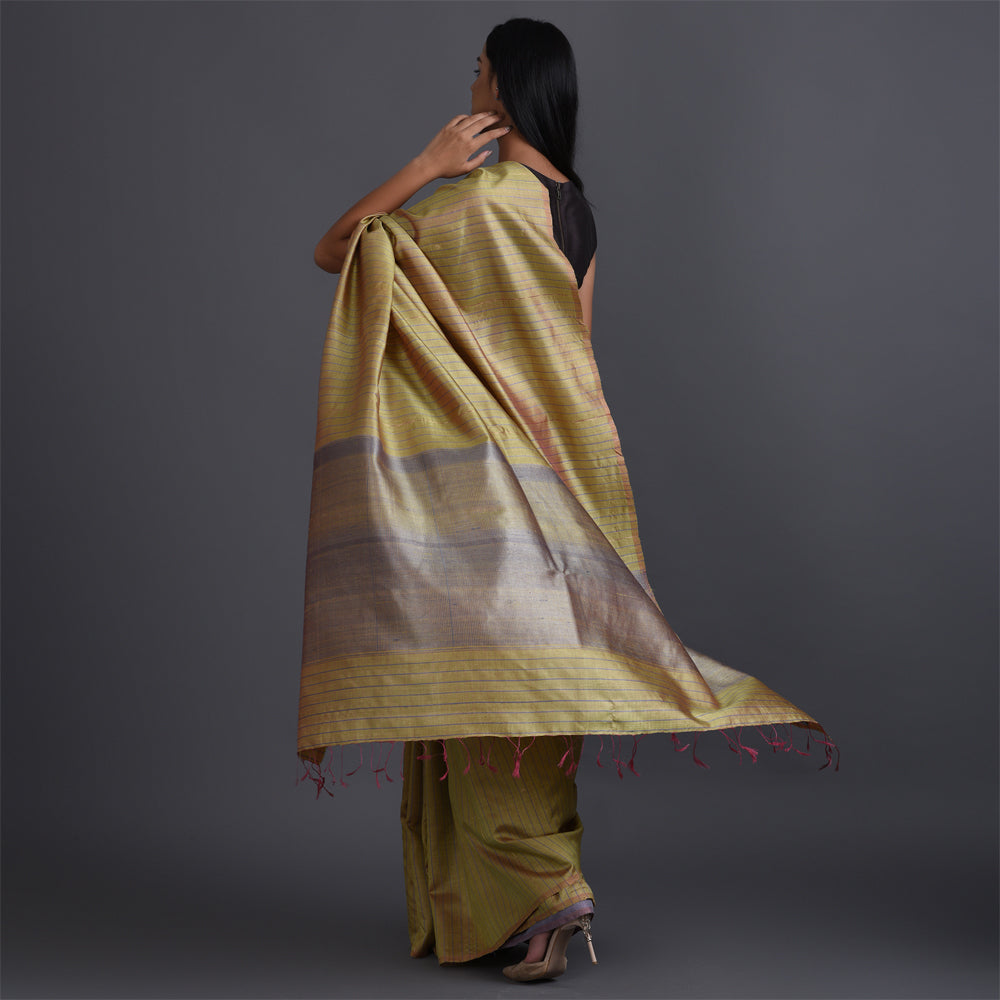 Zari Stripe Handwoven Tussar Silk Saree - Butterscotch Green