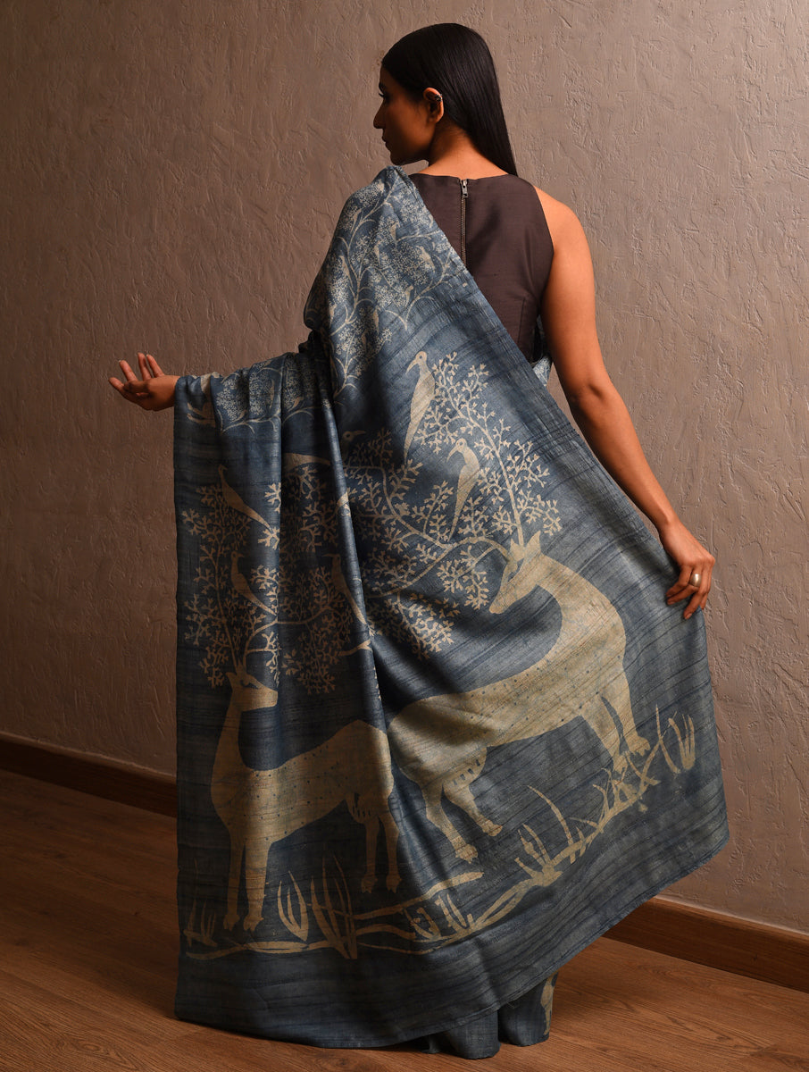 DABU TREE OF LIFE Tussar Silk Saree - Old Indigo Blue - Vriksh Designs