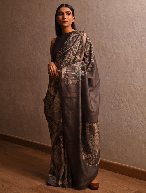 DABU TREE OF LIFE Peacock motif Tussar Silk Sari - cedar brown - Vriksh Designs