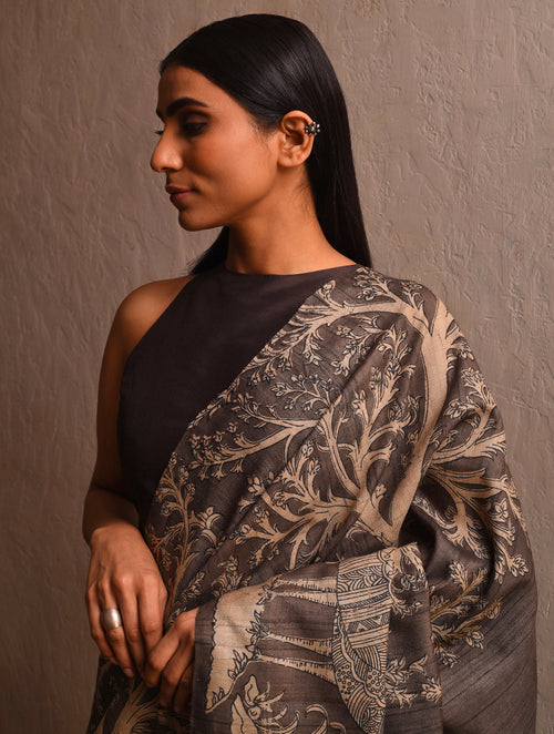 DABU TREE OF LIFE Peacock motif Tussar Silk Sari - cedar brown - Vriksh Designs