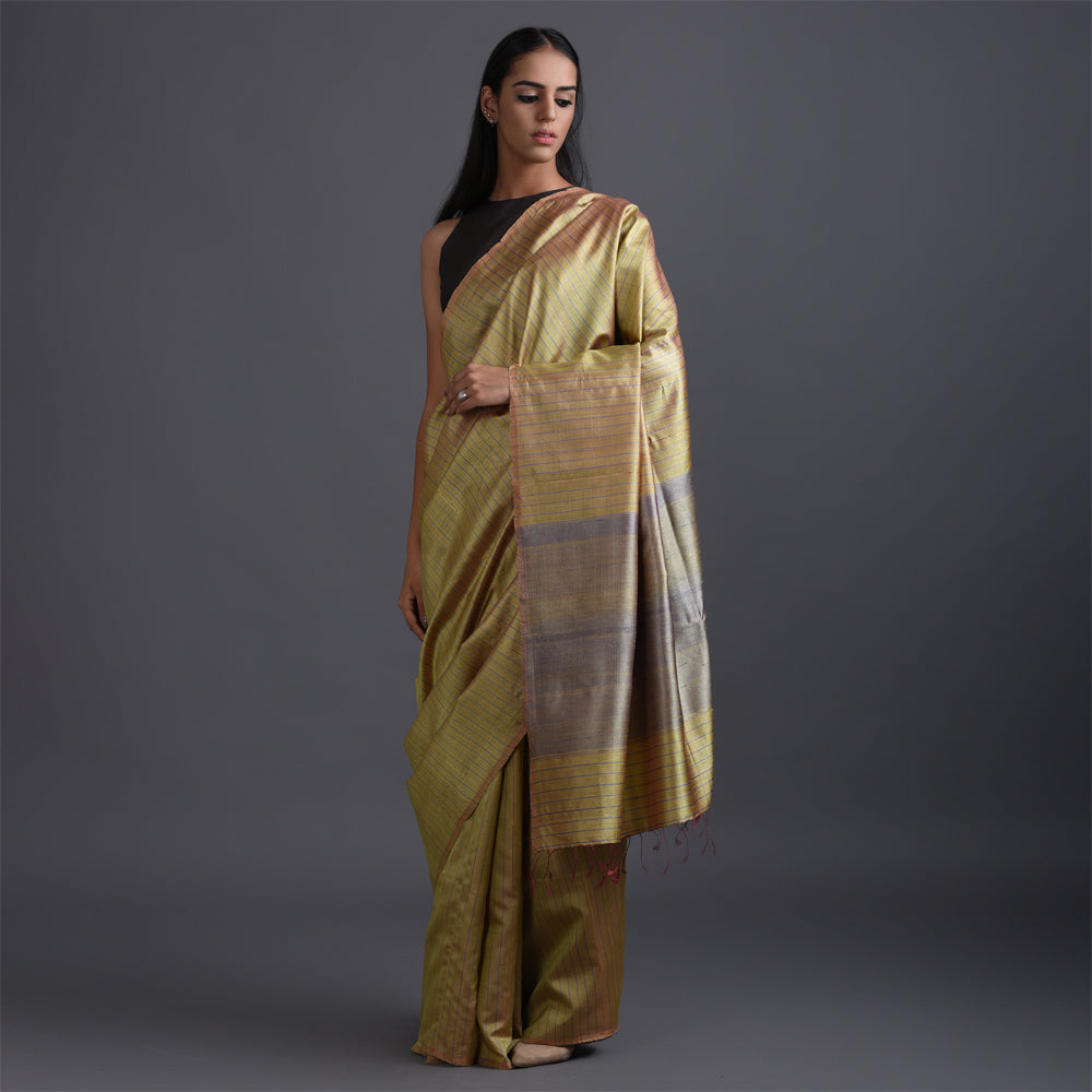 Zari Stripe Handwoven Tussar Silk Saree - Butterscotch Green