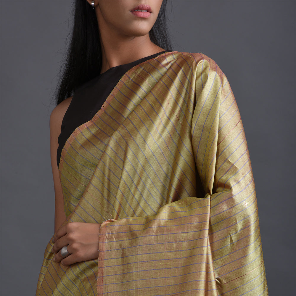 Zari Stripe Handwoven Tussar Silk Saree - Butterscotch Green