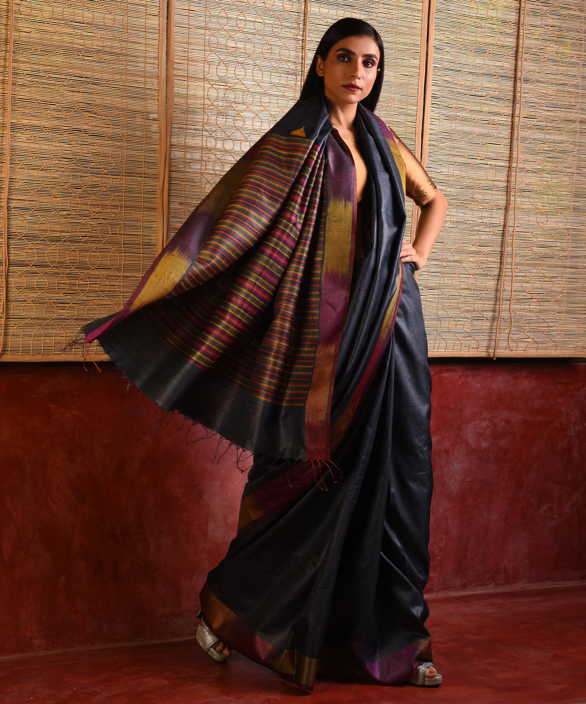 Ikat Tussar Satrang Handwoven Silk Saree - Charcoal