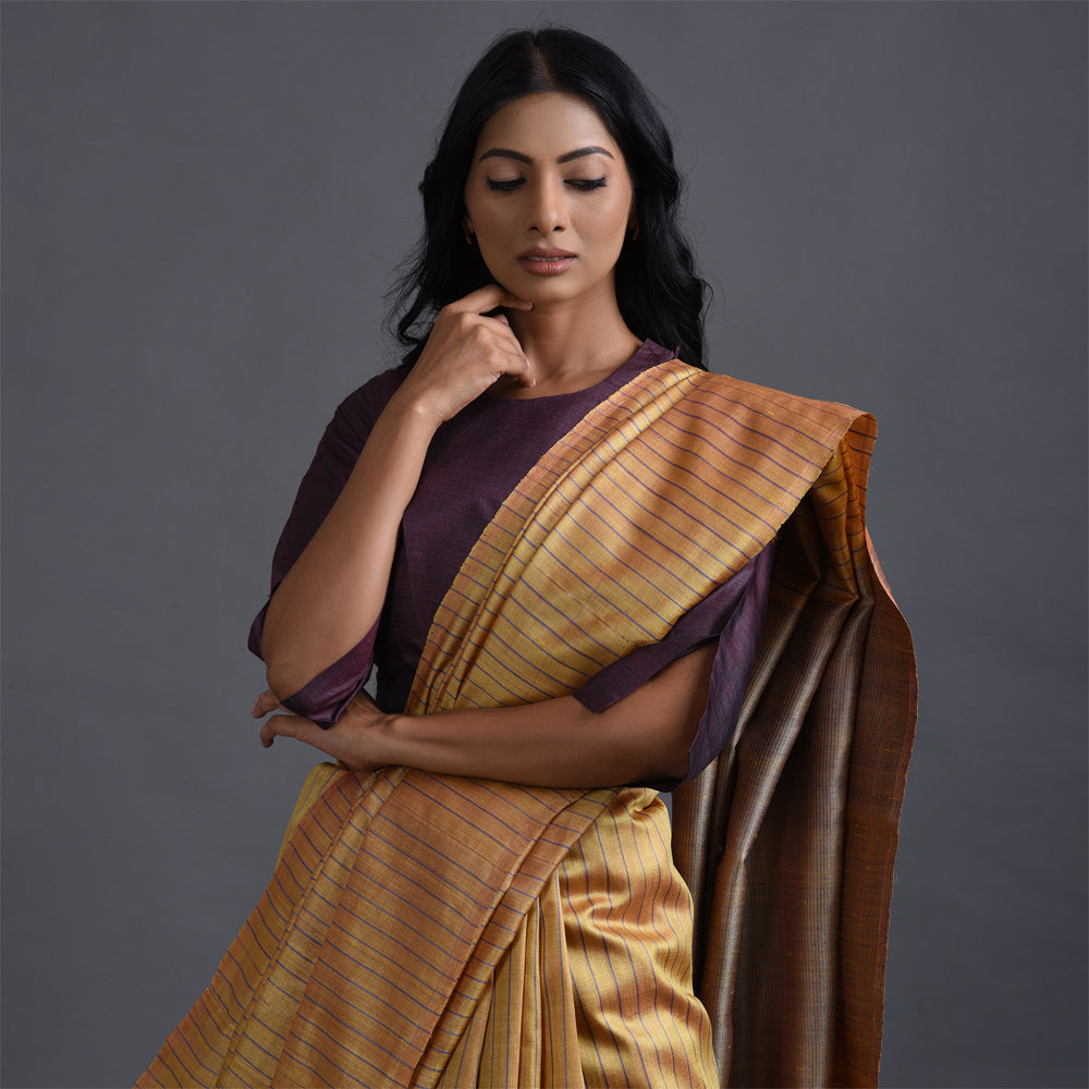 Zari Stripe Handwoven Tussar Silk Saree - Pastel Gold