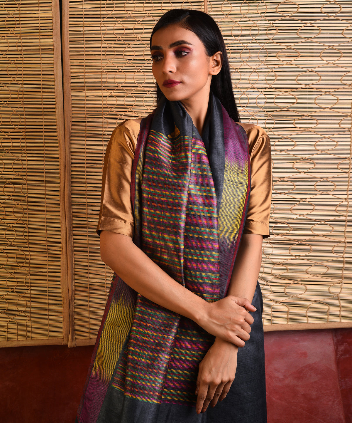 Ikat Tussar Satrang Handwoven Silk Saree - Charcoal