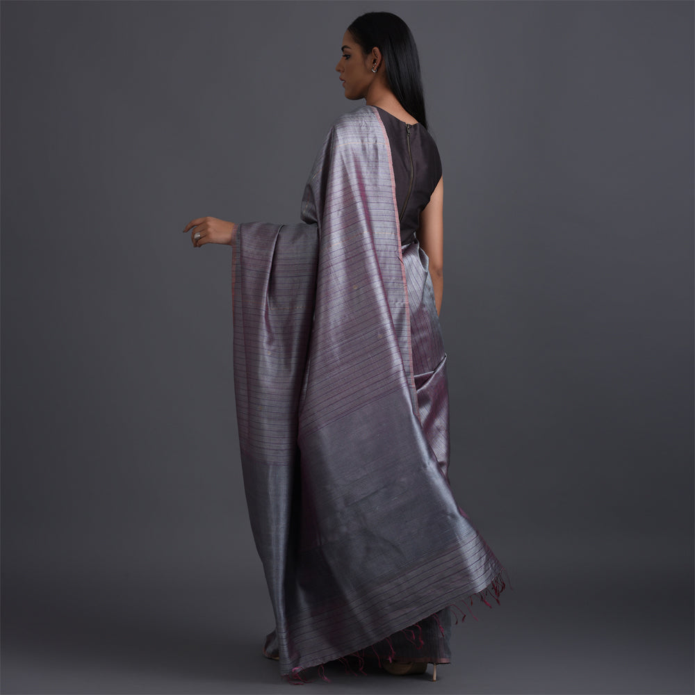 Zari Stripe Handwoven Tussar Silk Saree - Pastel Mauve