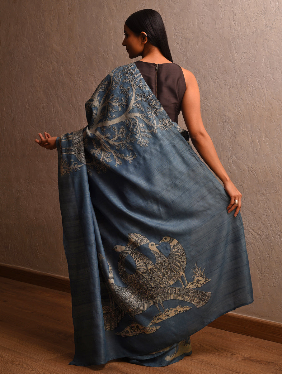 DABU TREE OF LIFE Peacock motif Tussar Silk Sari - Indigo Blue