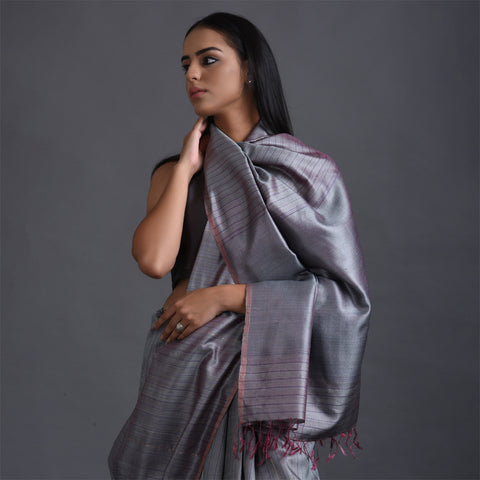 Zari Stripe Handwoven Tussar Silk Saree - Pastel Mauve
