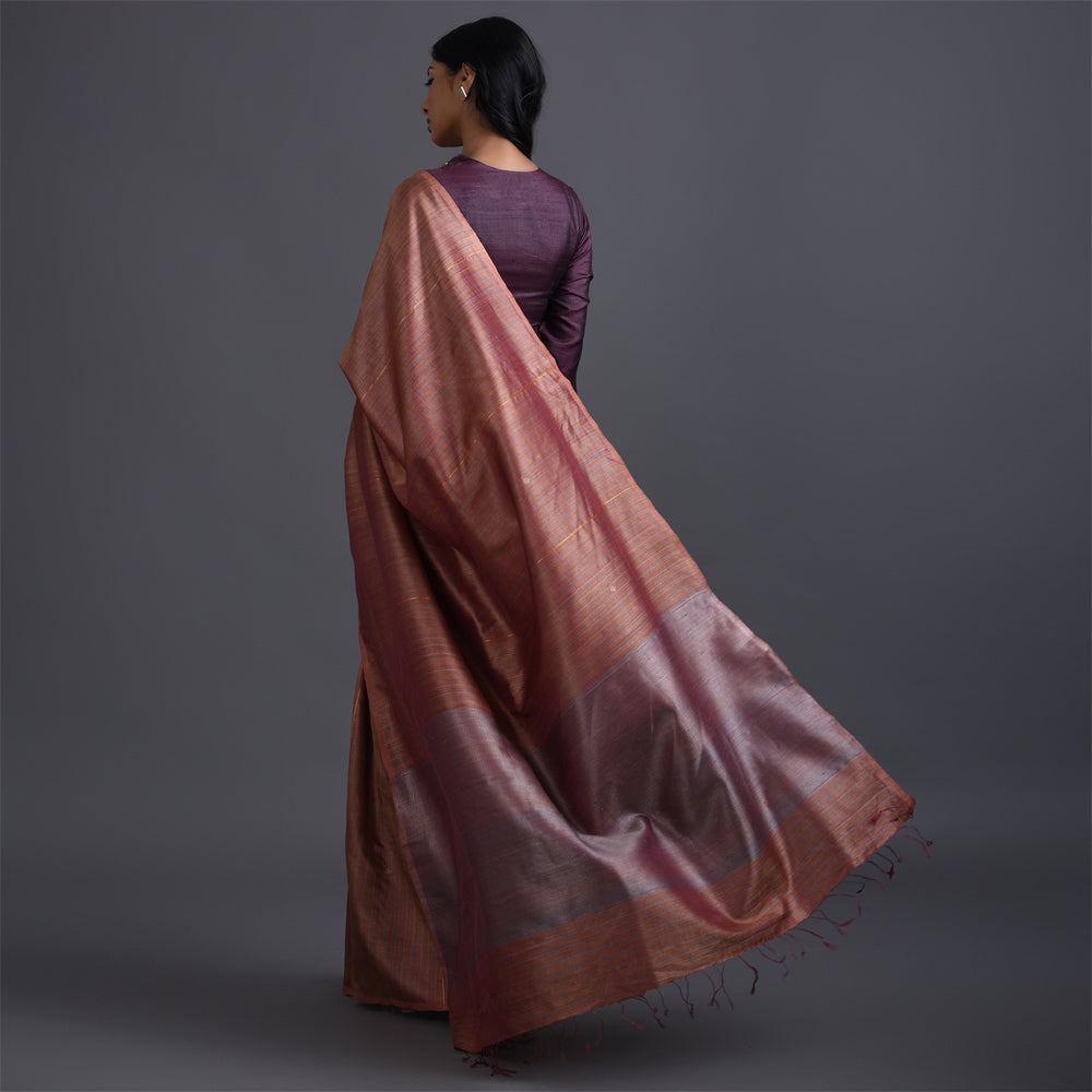 Zari Stripe Handwoven Tussar Silk Saree - Pecan Rust