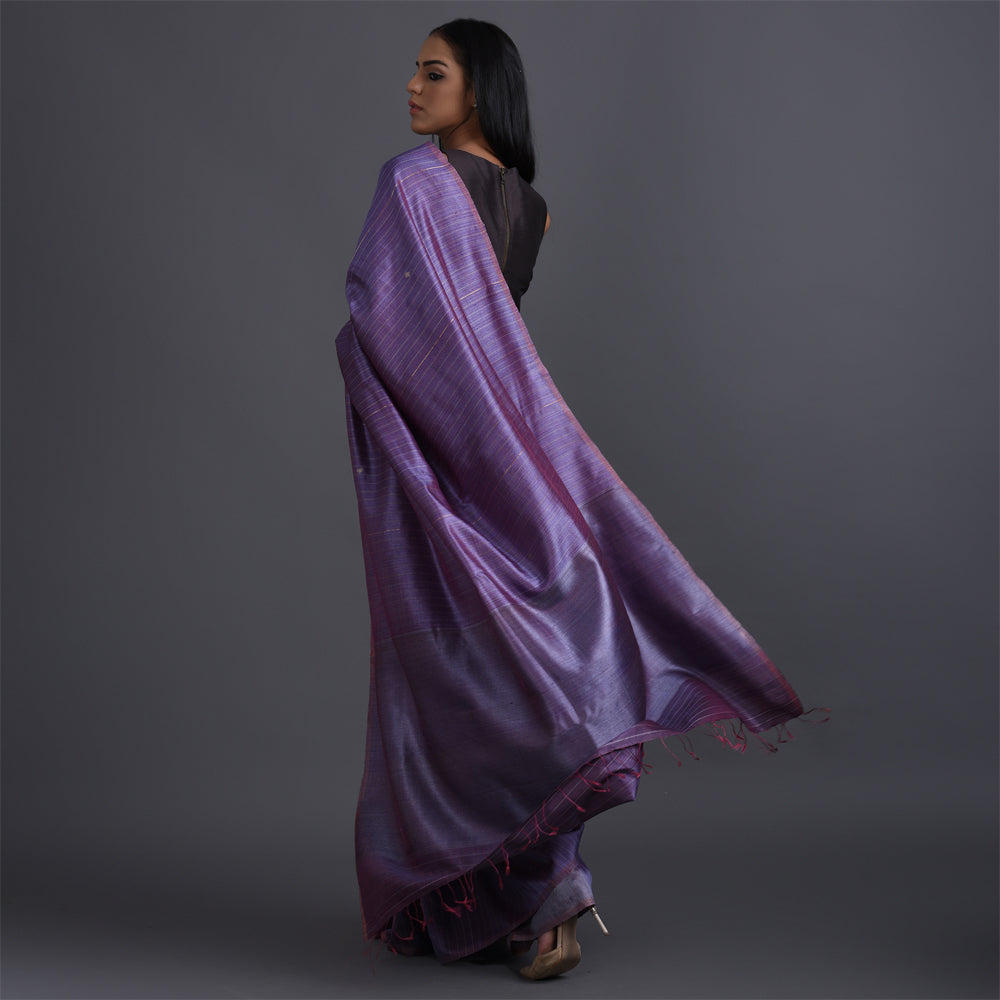 Zari Stripe Handwoven Tussar Silk Saree - Romantic Violet - Vriksh Designs