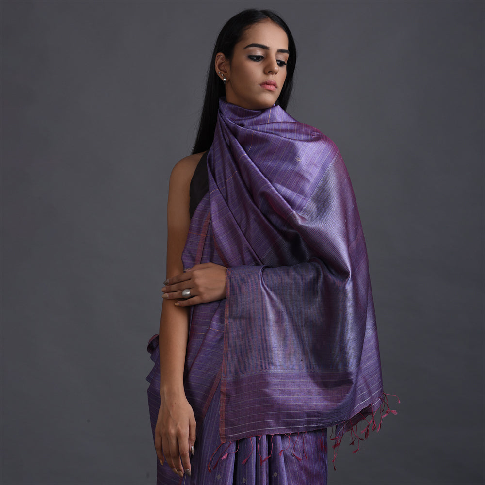 Zari Stripe Handwoven Tussar Silk Saree - Romantic Violet - Vriksh Designs